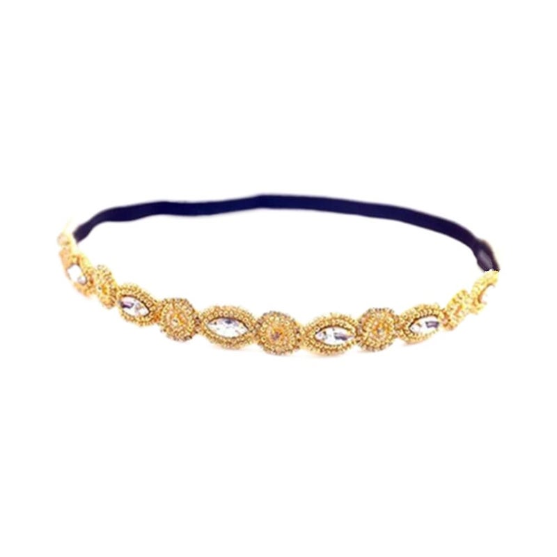 Jilukibo Fashion Handmade Crystal Rhinestone Beads Headband Retro Style Elastic Hairband Jewelry Hair Accessories Headwraps for Women Brides Gold