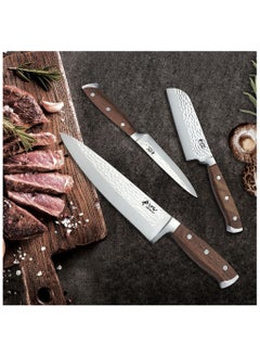 V A V PREMIUM 3-Piece Knives Set. Set includes: 8-inch Chef, 5-inch Santoku & Utility Knives. Comfortable Walnut Wood Handle and Professional Hammered Stainless Steel with Long-Lasting Sharpness.