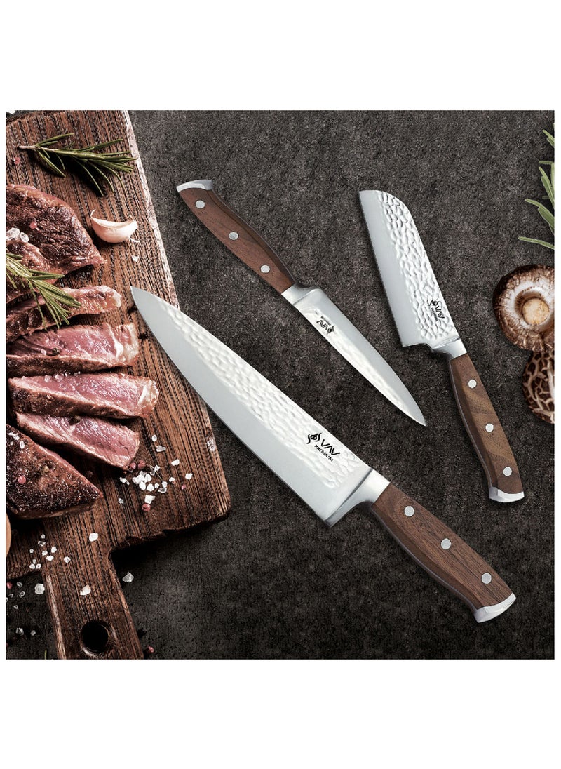 VAV - V A V PREMIUM 3-Piece Knives Set. Set includes: 8-inch Chef, 5-inch Santoku & Utility Knives. Comfortable Walnut Wood Handle and Professional Hammered Stainless Steel with Long-Lasting Sharpness. - Image 1
