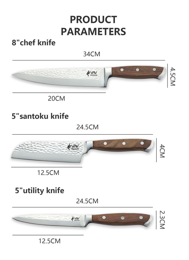 VAV - V A V PREMIUM 3-Piece Knives Set. Set includes: 8-inch Chef, 5-inch Santoku & Utility Knives. Comfortable Walnut Wood Handle and Professional Hammered Stainless Steel with Long-Lasting Sharpness. - Image 1