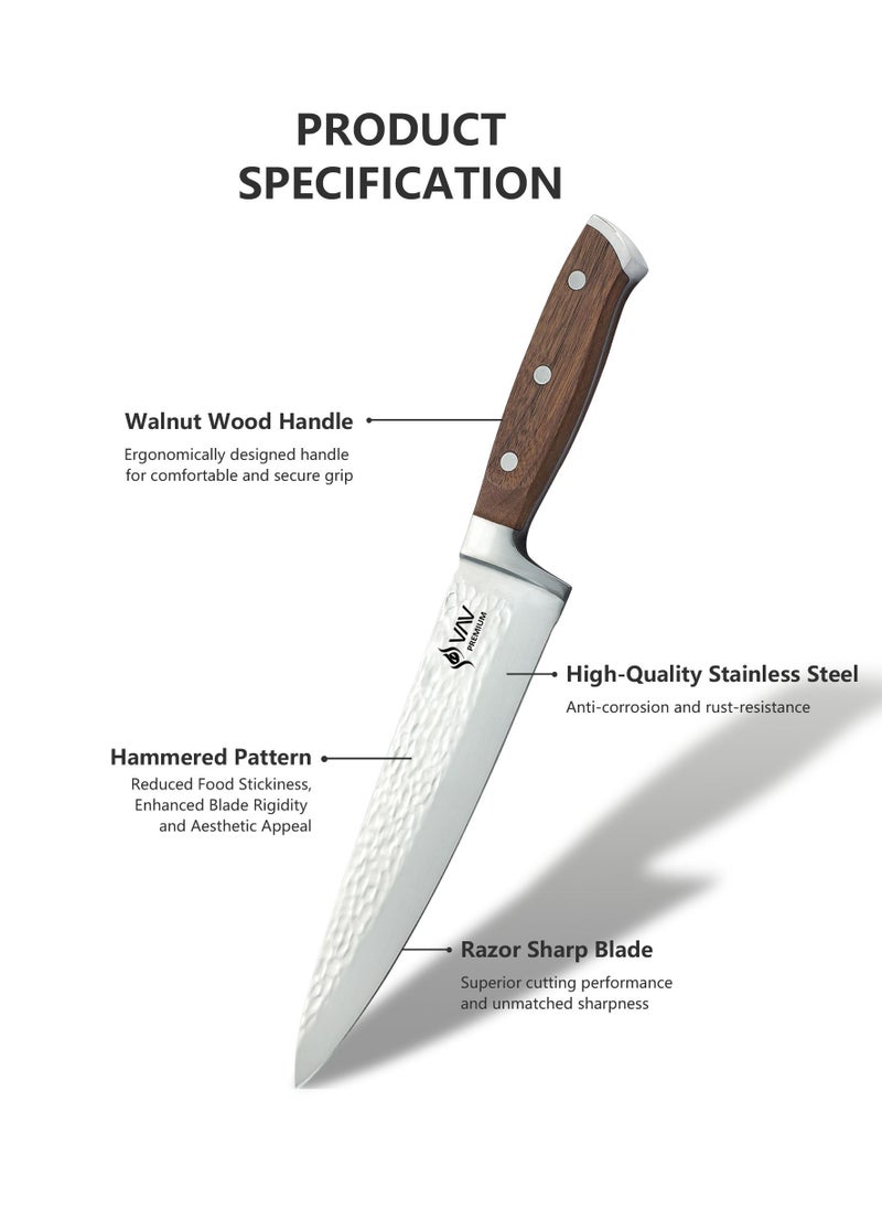 VAV - V A V PREMIUM 3-Piece Knives Set. Set includes: 8-inch Chef, 5-inch Santoku & Utility Knives. Comfortable Walnut Wood Handle and Professional Hammered Stainless Steel with Long-Lasting Sharpness. - Image 1