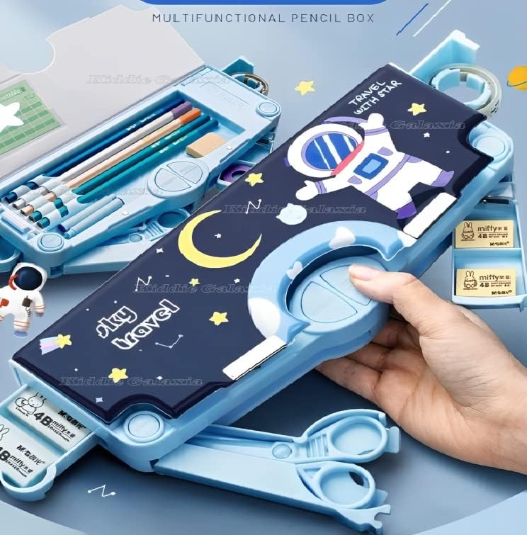Royals hub Plastic Branded Multi-Functional Pencil Box for Kids, Space Pencil Box for Boys & Girls, Magnetic Pencil Box for Boys, Space Theme Gifts for Kids with Accessories. (Navy Blue Astronaut) - Image 3