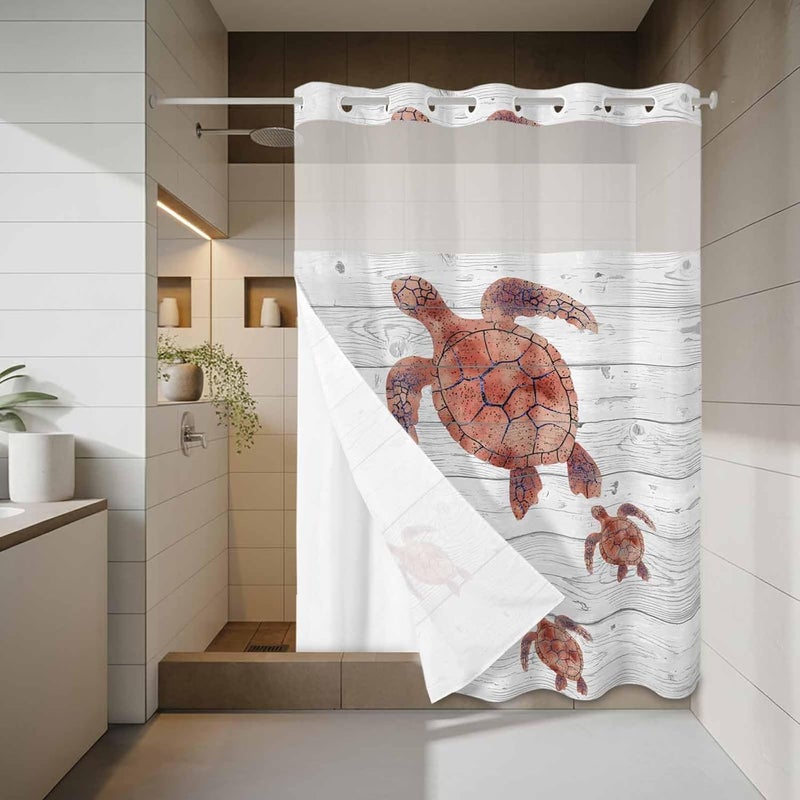 No Hook Shower Curtain and Liner Set, Ocean Red Turtles Snap in Shower Curtain Set, Summer Coastal Farmhouse Grey Wood Grain Waterproof Fabric Bathroom Curtain with See Through Top Window 60"x72" - Image 3