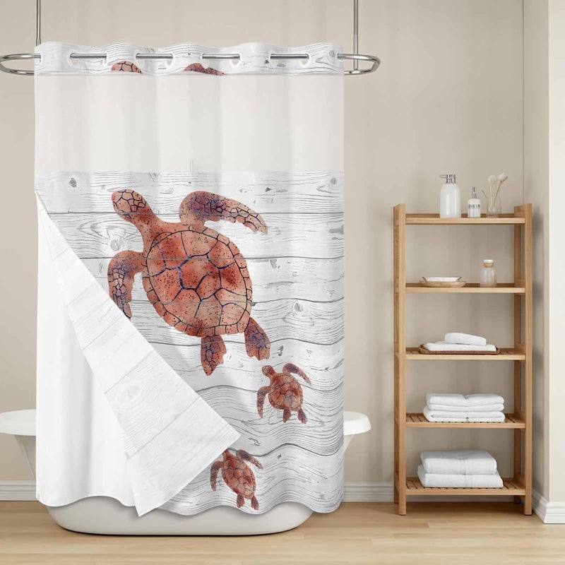No Hook Shower Curtain and Liner Set, Ocean Red Turtles Snap in Shower Curtain Set, Summer Coastal Farmhouse Grey Wood Grain Waterproof Fabric Bathroom Curtain with See Through Top Window 60"x72" - Image 2
