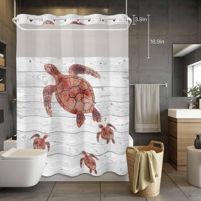 No Hook Shower Curtain and Liner Set, Ocean Red Turtles Snap in Shower Curtain Set, Summer Coastal Farmhouse Grey Wood Grain Waterproof Fabric Bathroom Curtain with See Through Top Window 60"x72" - Image 4