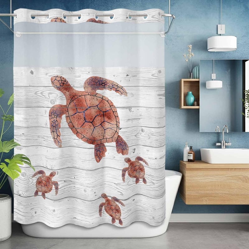 No Hook Shower Curtain and Liner Set, Ocean Red Turtles Snap in Shower Curtain Set, Summer Coastal Farmhouse Grey Wood Grain Waterproof Fabric Bathroom Curtain with See Through Top Window 60"x72" - Image 5
