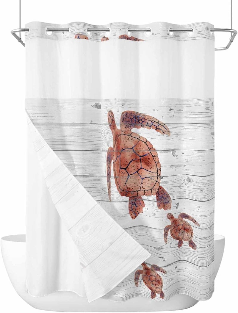 No Hook Shower Curtain and Liner Set, Ocean Red Turtles Snap in Shower Curtain Set, Summer Coastal Farmhouse Grey Wood Grain Waterproof Fabric Bathroom Curtain with See Through Top Window 60"x72" - Image 1