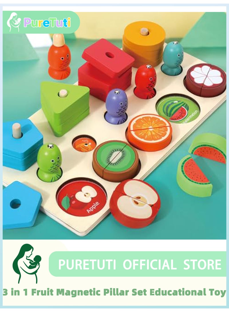 PureTuti 3-in-1 Wooden Educational Toy – Shape & Color Sorting, Fruit Recognition, Montessori Stacking Puzzle – Interactive Learning Gift for Toddlers & Preschool Kids - Image 1