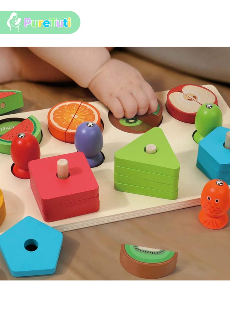 PureTuti 3-in-1 Wooden Educational Toy – Shape & Color Sorting, Fruit Recognition, Montessori Stacking Puzzle – Interactive Learning Gift for Toddlers & Preschool Kids - Image 3