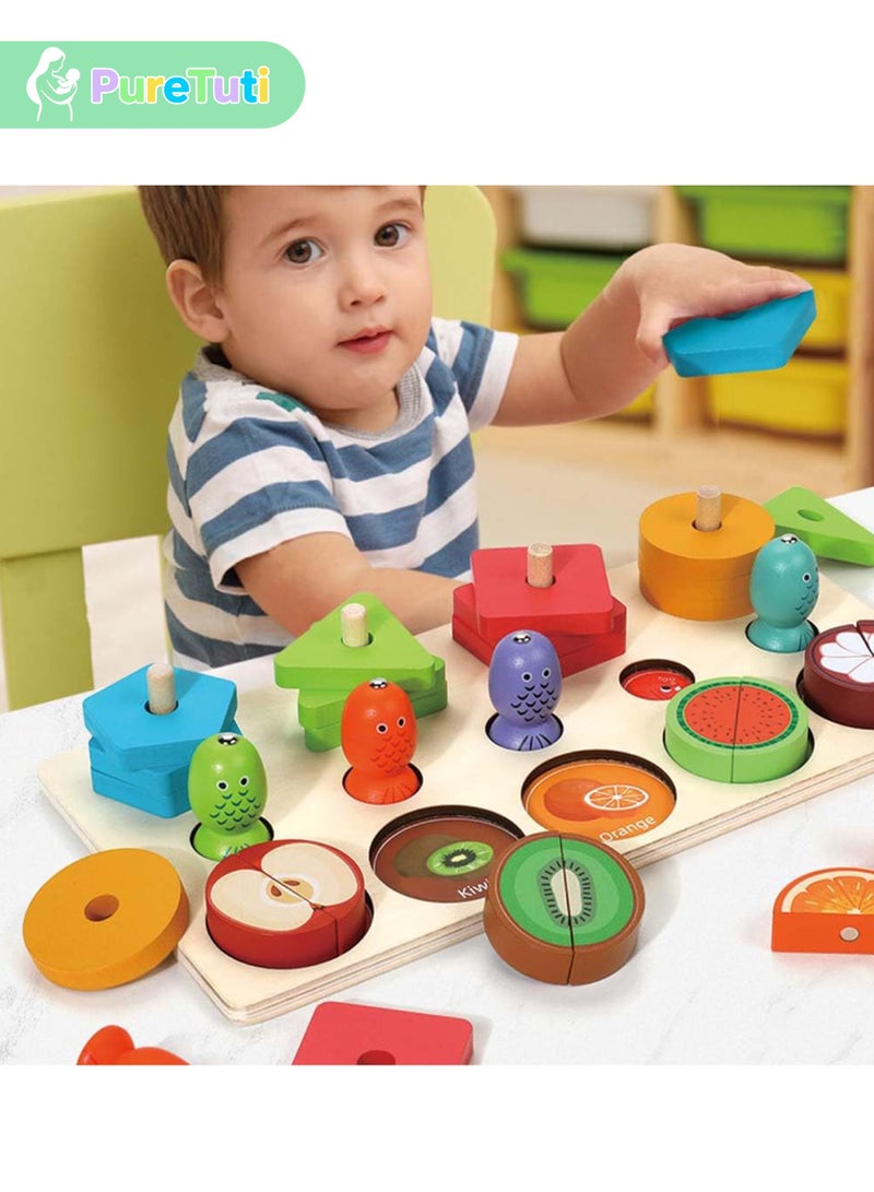 PureTuti 3-in-1 Wooden Educational Toy – Shape & Color Sorting, Fruit Recognition, Montessori Stacking Puzzle – Interactive Learning Gift for Toddlers & Preschool Kids - Image 2