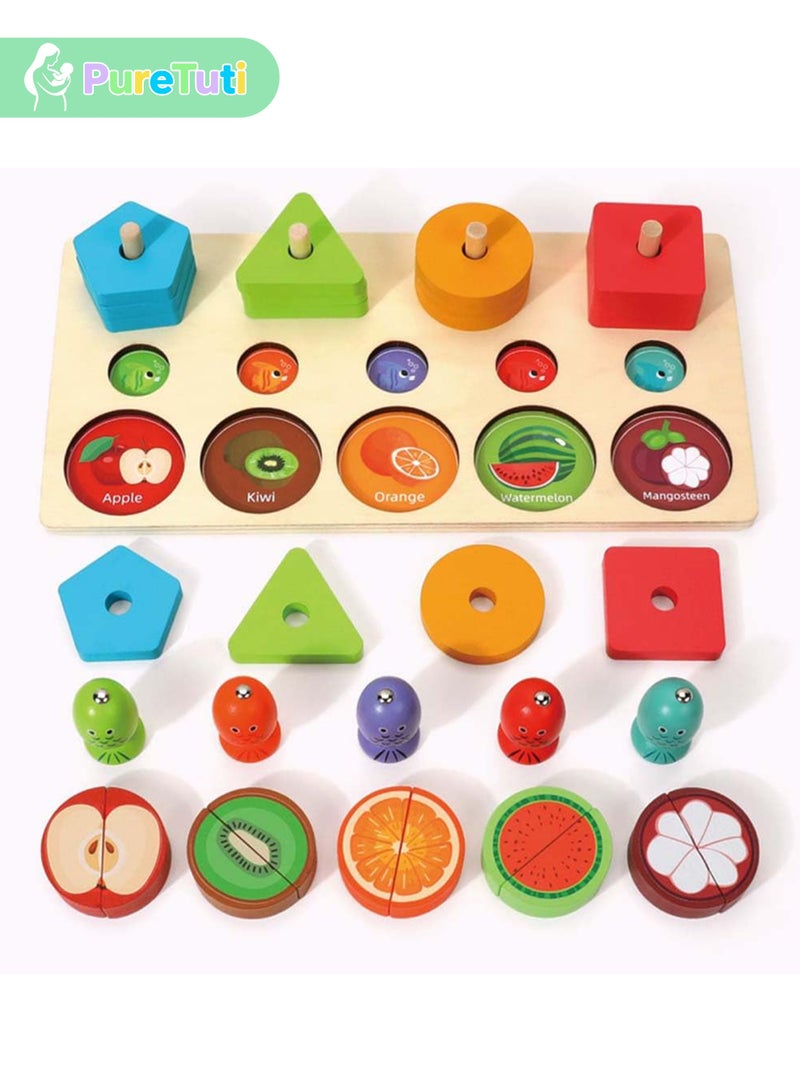 PureTuti 3-in-1 Wooden Educational Toy – Shape & Color Sorting, Fruit Recognition, Montessori Stacking Puzzle – Interactive Learning Gift for Toddlers & Preschool Kids - Image 4