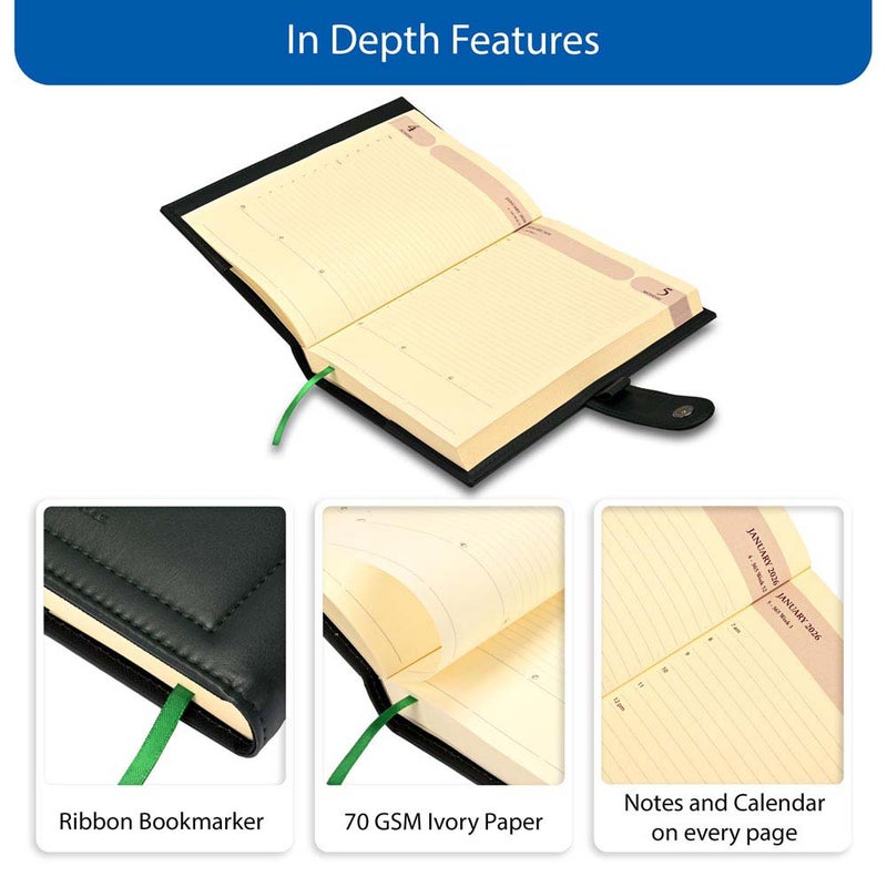 FIS 2026 Agenda Diary, 170x240mm, 2 Sides Padded & Sewn Italian PU Cover, Loop with Magnetic Lock, 1 Day a Page Format, English, 70gsm Italian Ivory Paper, Green Cover - FSDI61026EGR - Image 5