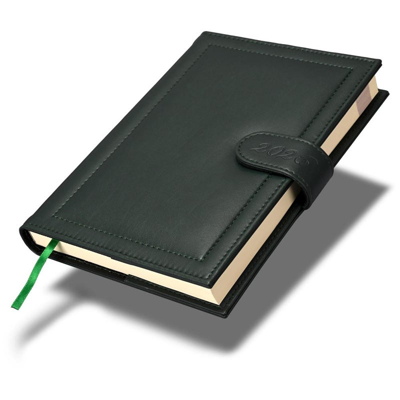 FIS 2026 Agenda Diary, 170x240mm, 2 Sides Padded & Sewn Italian PU Cover, Loop with Magnetic Lock, 1 Day a Page Format, English, 70gsm Italian Ivory Paper, Green Cover - FSDI61026EGR - Image 1