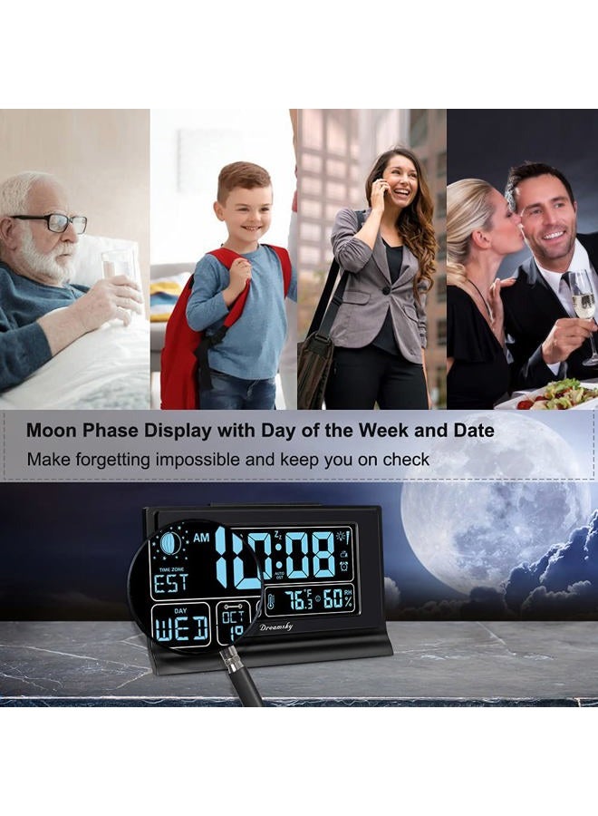 DreamSky Alarm Clocks for Bedrooms with Battery Backup, Auto Set Digital Clock with Date and Day of Week, Indoor Temperature Humidity, Moon Phase, Dimmer, Auto DST, USB Port - Image 4