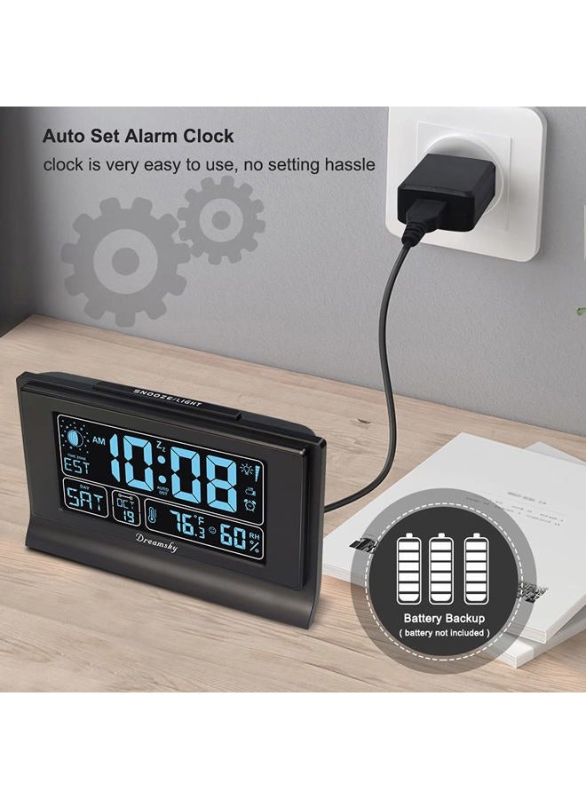DreamSky Alarm Clocks for Bedrooms with Battery Backup, Auto Set Digital Clock with Date and Day of Week, Indoor Temperature Humidity, Moon Phase, Dimmer, Auto DST, USB Port - Image 2