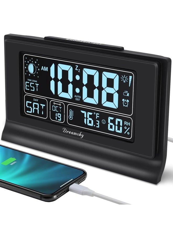 DreamSky Alarm Clocks for Bedrooms with Battery Backup, Auto Set Digital Clock with Date and Day of Week, Indoor Temperature Humidity, Moon Phase, Dimmer, Auto DST, USB Port - Image 1