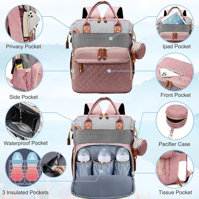 SHITIESHOU Diaper Bag Backpack Baby Bag, Baby Girl Boy Diaper Bag for Dad Mom with Pad, 16 Pockets, Pacifier Case, Large Diaper Bags Unisex for Travel(Pink Grey) - Image 3