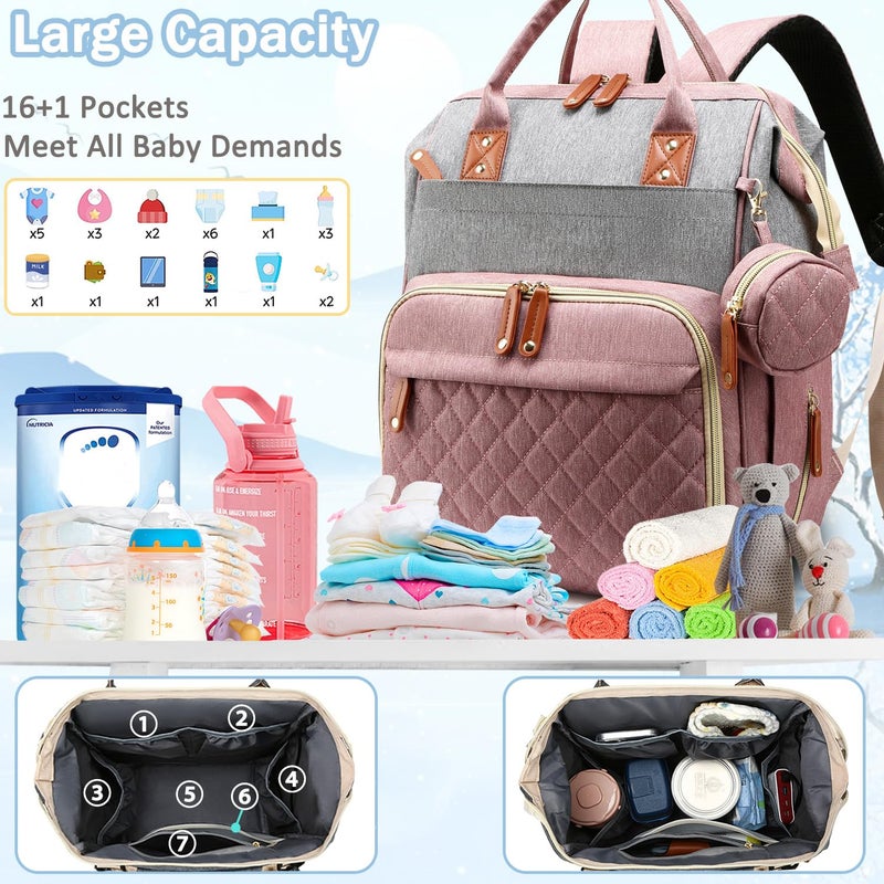 SHITIESHOU Diaper Bag Backpack Baby Bag, Baby Girl Boy Diaper Bag for Dad Mom with Pad, 16 Pockets, Pacifier Case, Large Diaper Bags Unisex for Travel(Pink Grey) - Image 2