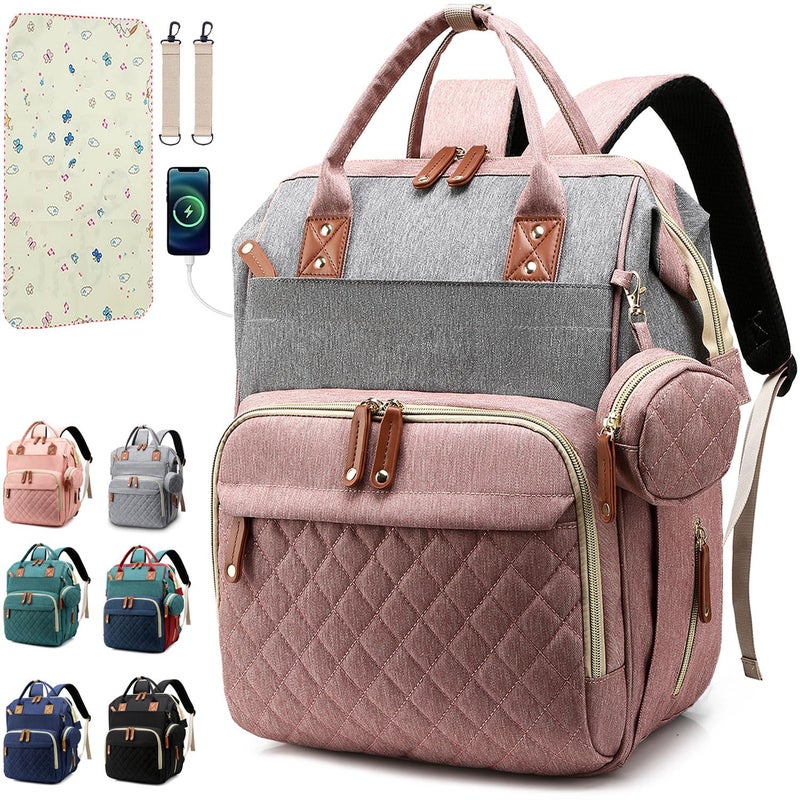 SHITIESHOU Diaper Bag Backpack Baby Bag, Baby Girl Boy Diaper Bag for Dad Mom with Pad, 16 Pockets, Pacifier Case, Large Diaper Bags Unisex for Travel(Pink Grey) - Image 1