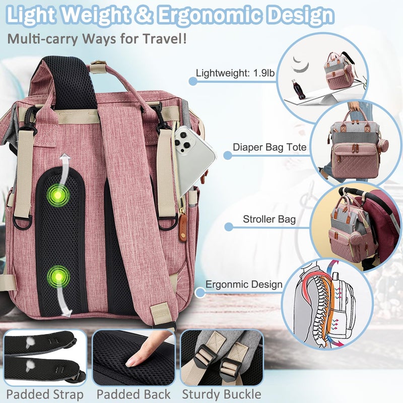 SHITIESHOU Diaper Bag Backpack Baby Bag, Baby Girl Boy Diaper Bag for Dad Mom with Pad, 16 Pockets, Pacifier Case, Large Diaper Bags Unisex for Travel(Pink Grey) - Image 5