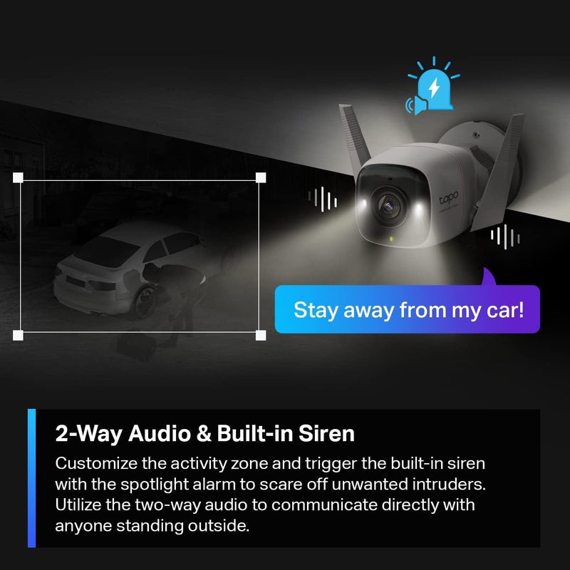 tapo كاميرا واي فاي الخارجية Tapo TP-Link ColorPro | توصيل | وضوح نهاري في الليل | 2K QHD | كشف الأشخاص/الحيوانات الأليفة/المركبات | تخزين محلي/سحابي | 127° زاوية رؤية | صفارة إنذار مدمجة C325WB - Image 4
