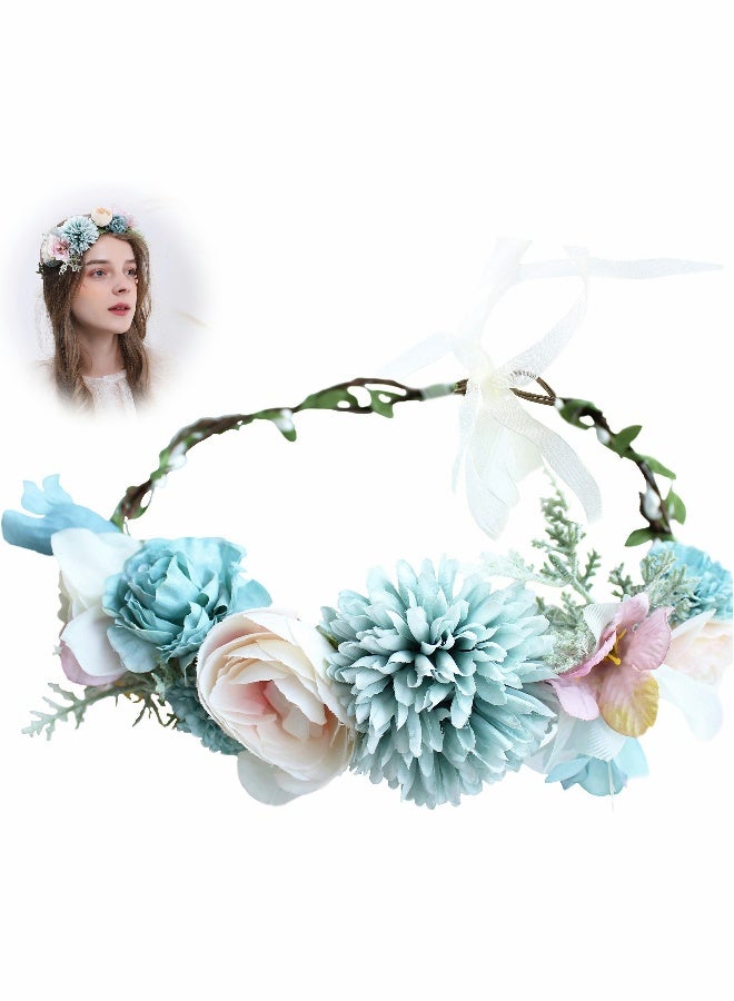 Flower Headband for Women, Floral Garland Crown Halo Headpiece Boho with Ribbon Wedding Festival Party - Image 1