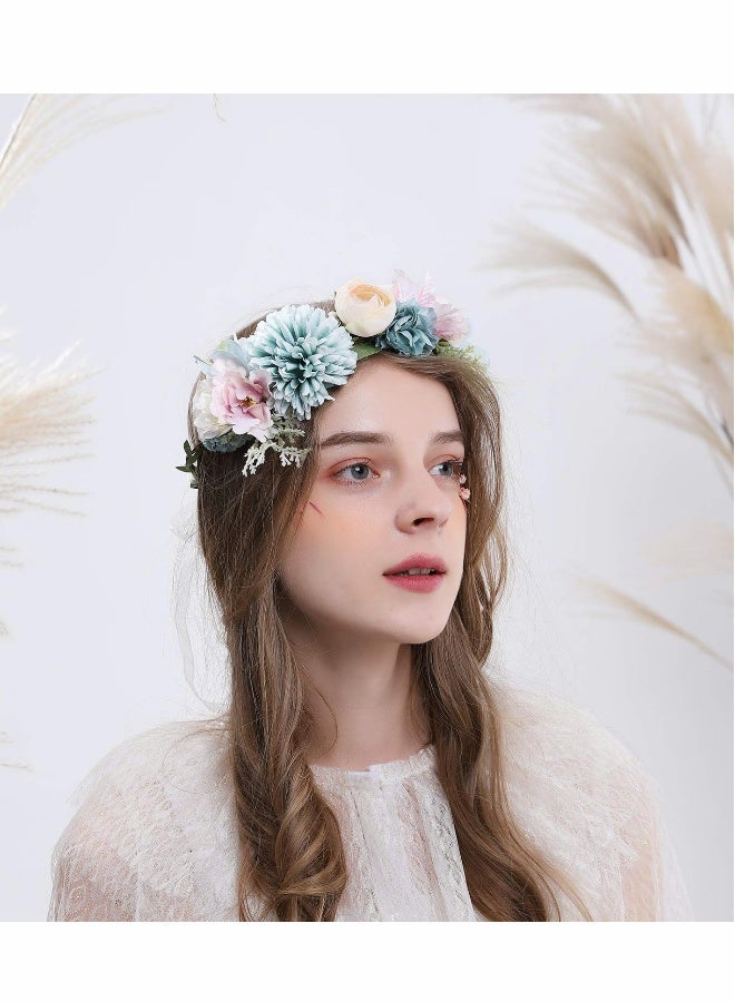 Flower Headband for Women, Floral Garland Crown Halo Headpiece Boho with Ribbon Wedding Festival Party - Image 3