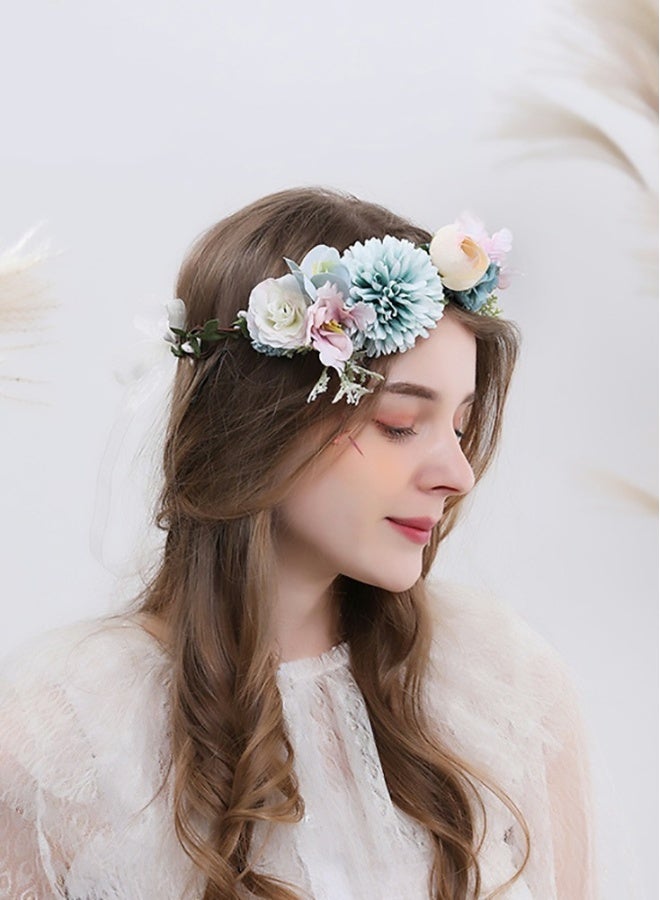 Flower Headband for Women, Floral Garland Crown Halo Headpiece Boho with Ribbon Wedding Festival Party - Image 4