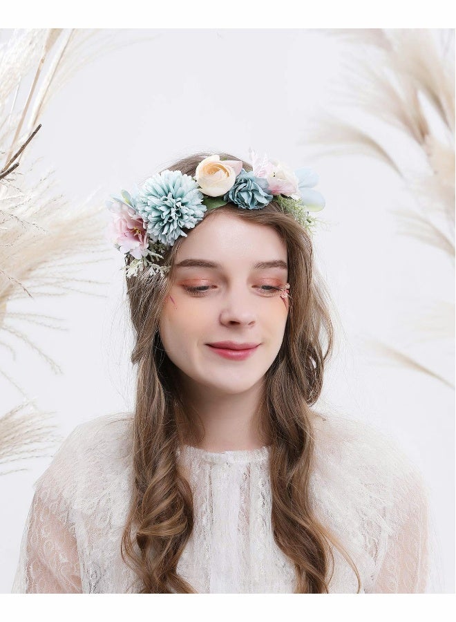 Flower Headband for Women, Floral Garland Crown Halo Headpiece Boho with Ribbon Wedding Festival Party - Image 2