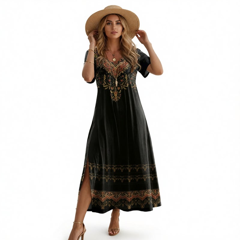 Women's Loose Floral Print Maxi Dress with Side Slit
