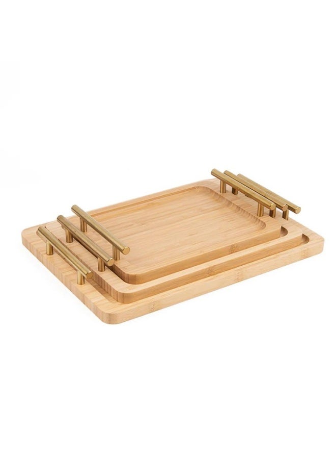 Bamboo Wood Tray Set – 3 Pieces – Golden Steel Handle – Heavy & Durable – Imported - Image 3