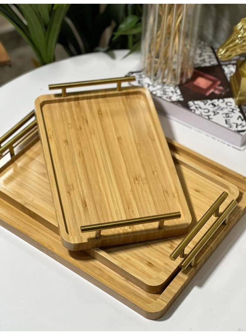 Bamboo Wood Tray Set – 3 Pieces – Golden Steel Handle – Heavy & Durable – Imported - Image 1