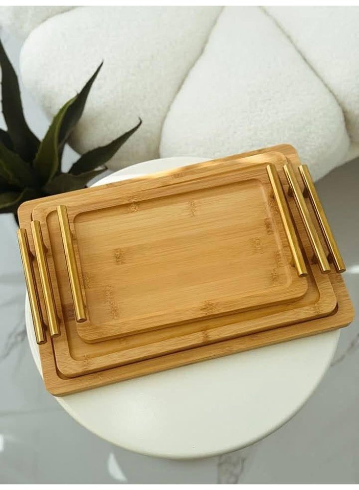 Bamboo Wood Tray Set – 3 Pieces – Golden Steel Handle – Heavy & Durable – Imported - Image 2
