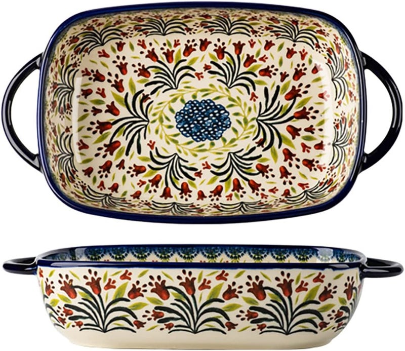 Bicuzat Vintage-Style Tulip Flower Pattern Ceramic Baking Dish, Casserole Dish, Lasagna Pan, Baking Dish with Handles for Oven/Cooking/Kitchen - 1 PC - 1.7 Liters - Image 1