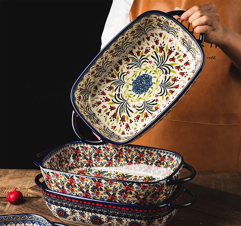 Bicuzat Vintage-Style Tulip Flower Pattern Ceramic Baking Dish, Casserole Dish, Lasagna Pan, Baking Dish with Handles for Oven/Cooking/Kitchen - 1 PC - 1.7 Liters - Image 3