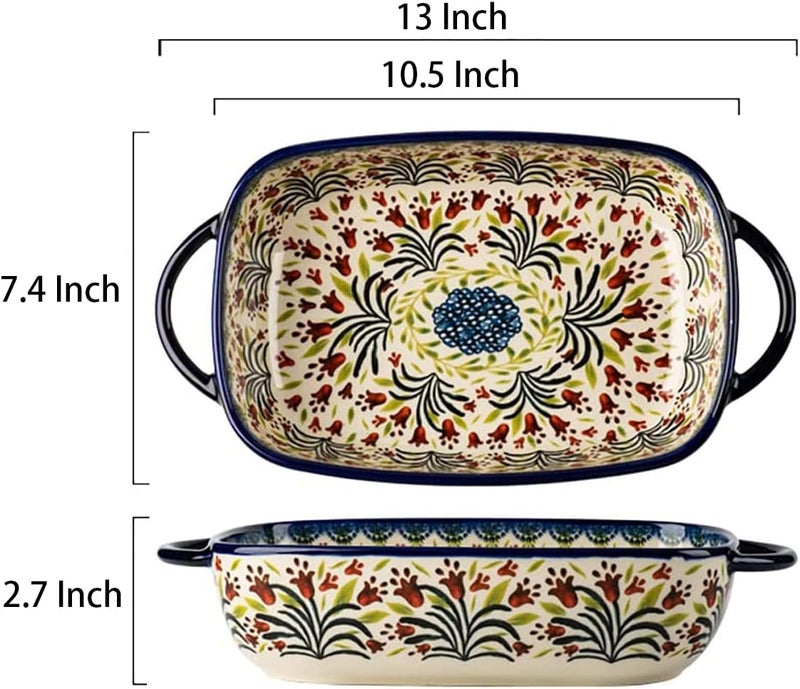 Bicuzat Vintage-Style Tulip Flower Pattern Ceramic Baking Dish, Casserole Dish, Lasagna Pan, Baking Dish with Handles for Oven/Cooking/Kitchen - 1 PC - 1.7 Liters - Image 2