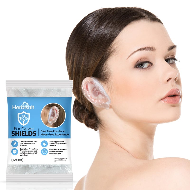 Herbishh Hair Color Ear Shield Covers, Reusable Hair Dye Stain Protection, Disposable & Waterproof Plastic Ear Shower Caps for Men & Women, Ideal for Salon & At-Home Use, 100 Pieces