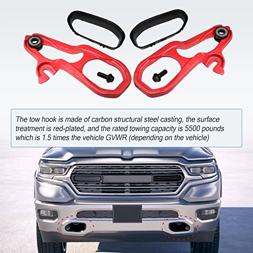 JDMSPEED New Heavy Daty Front Car Tow Hooks Left & Right with Hardware Red Replacement for Dodge Ram 1500 DT with 3.6L 5.7L Engine 2019 2020 2021 2022 Replaces 82215268AB 82215268AB 68272945AB - Image 5