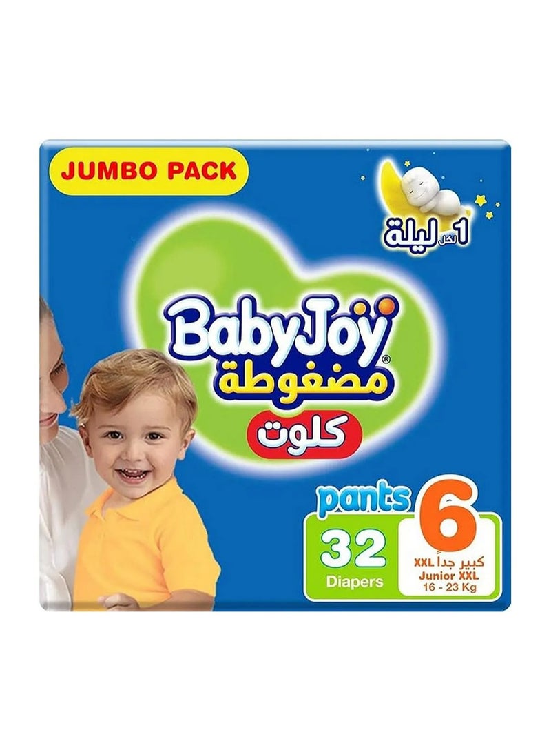 BabyJoy Compressed Culotte Pant Style Diapers, 32 Pieces Jumbo Pack, Size 6, 16-23Kg - Leak Protection, Navel Cut Design, Breathable Material