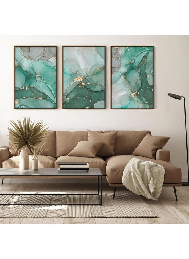 Home Gallery - Set Of 3 Of Abstract Green And Gold Marble Texture Framed Wall Art - Image 1