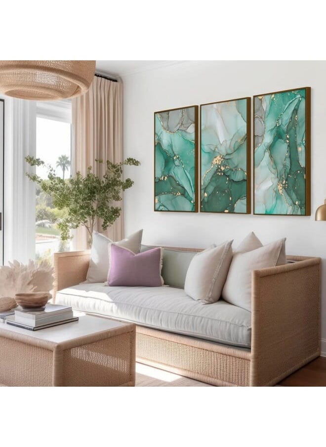 Home Gallery - Set Of 3 Of Abstract Green And Gold Marble Texture Framed Wall Art - Image 1