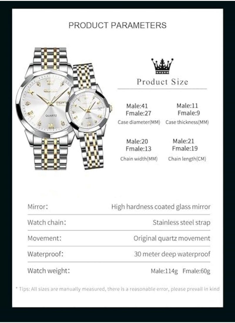 OLEVS - OLEVS His and Her Couple Watches Business Men Women Couple Set Pair Watch Matching Romantic Quartz Watch Stainless Steel Waterproof Date Men's Watches Women Watches Wrist Watch - Image 1