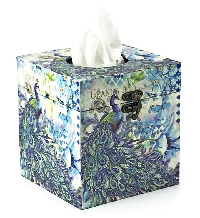 28304 PEACOCK TISSUE HOLDER PAISLEY DECORATIVE VINTAGE DESIGN SQUARE HINGED REFILLABLE BOX COVER