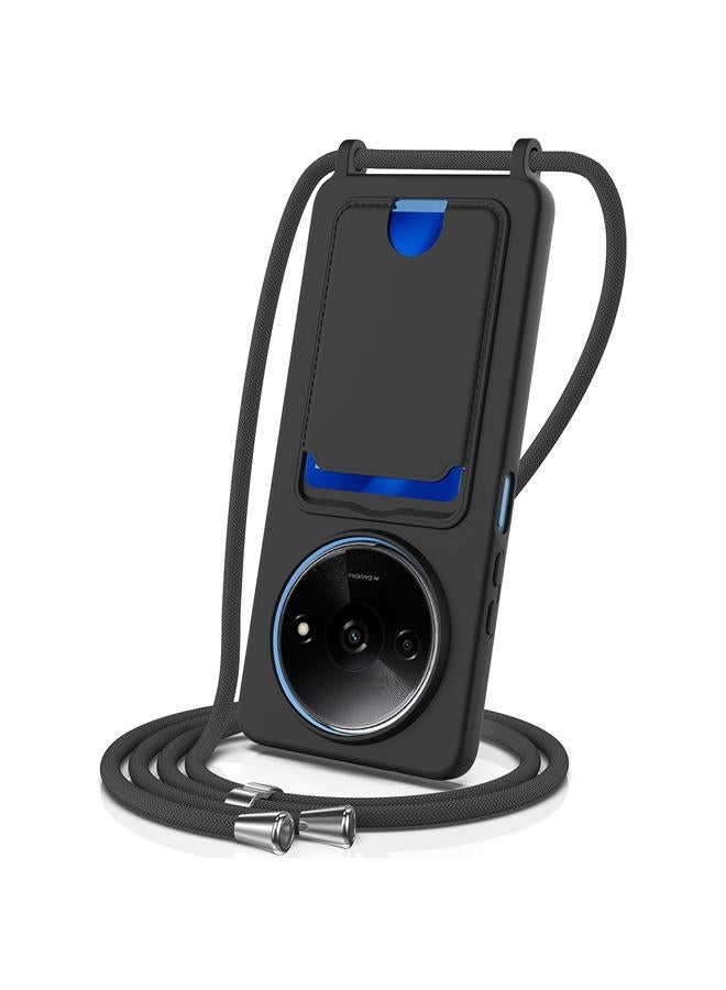 The Bros Case For Redmi A3 / A3x / Xiaomi Poco C61 Integrated Card Bag Solid Color Liquid Silicone Phone Case with Lanyard