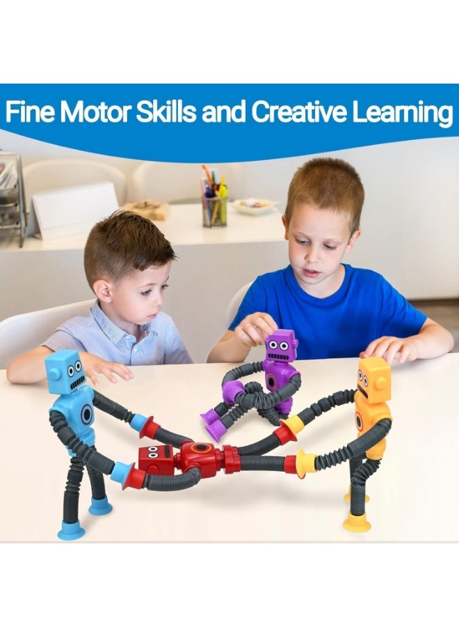 ST ZONE 4 PCS Transformable Robot Fidget Toys – Sensory Telescopic Pop Tubes with Suction Cups – Stretch & Connect Robot Toys – Educational Parent-Child Interactive Novelty Gift - Image 4