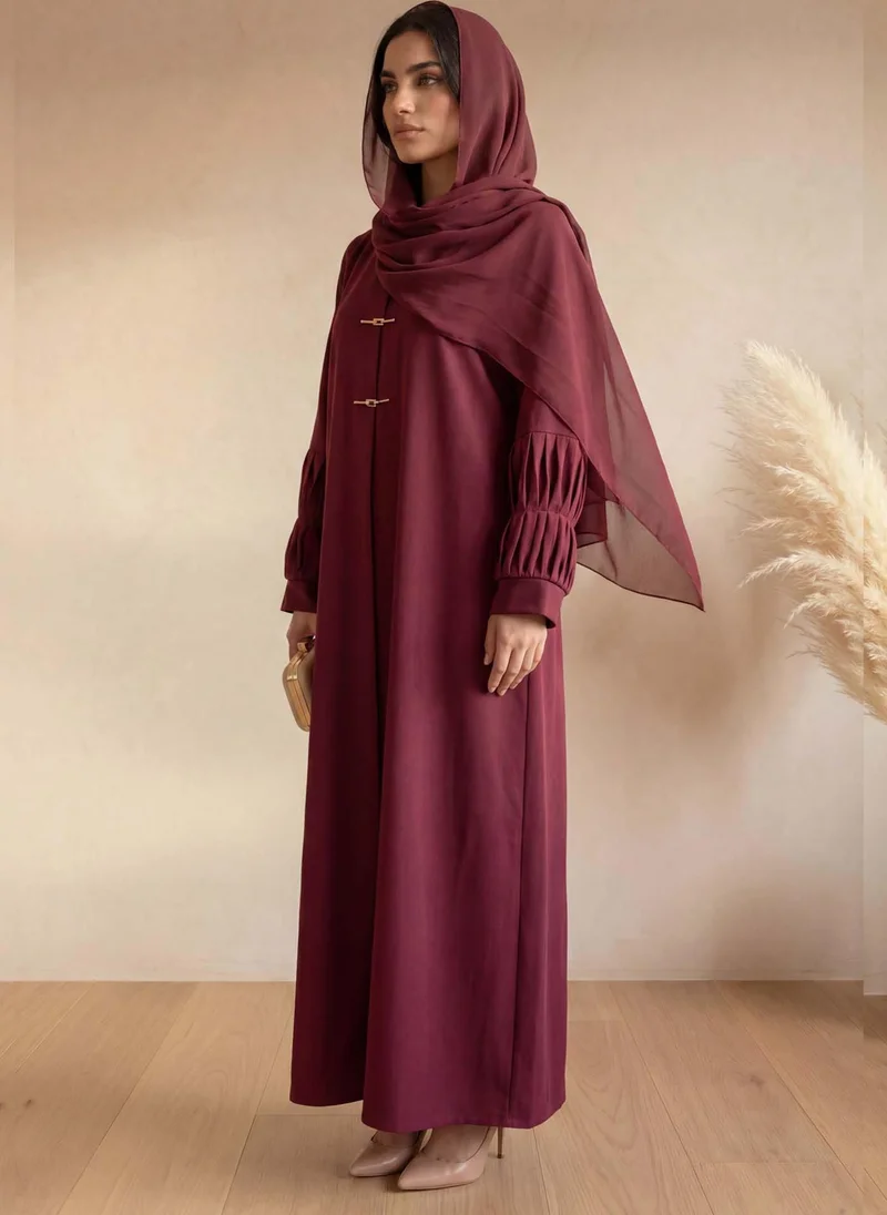 أم سكوير فاشن Maroon Crepe Abaya with Pleated Cuffs & Matching Chiffon Hijab