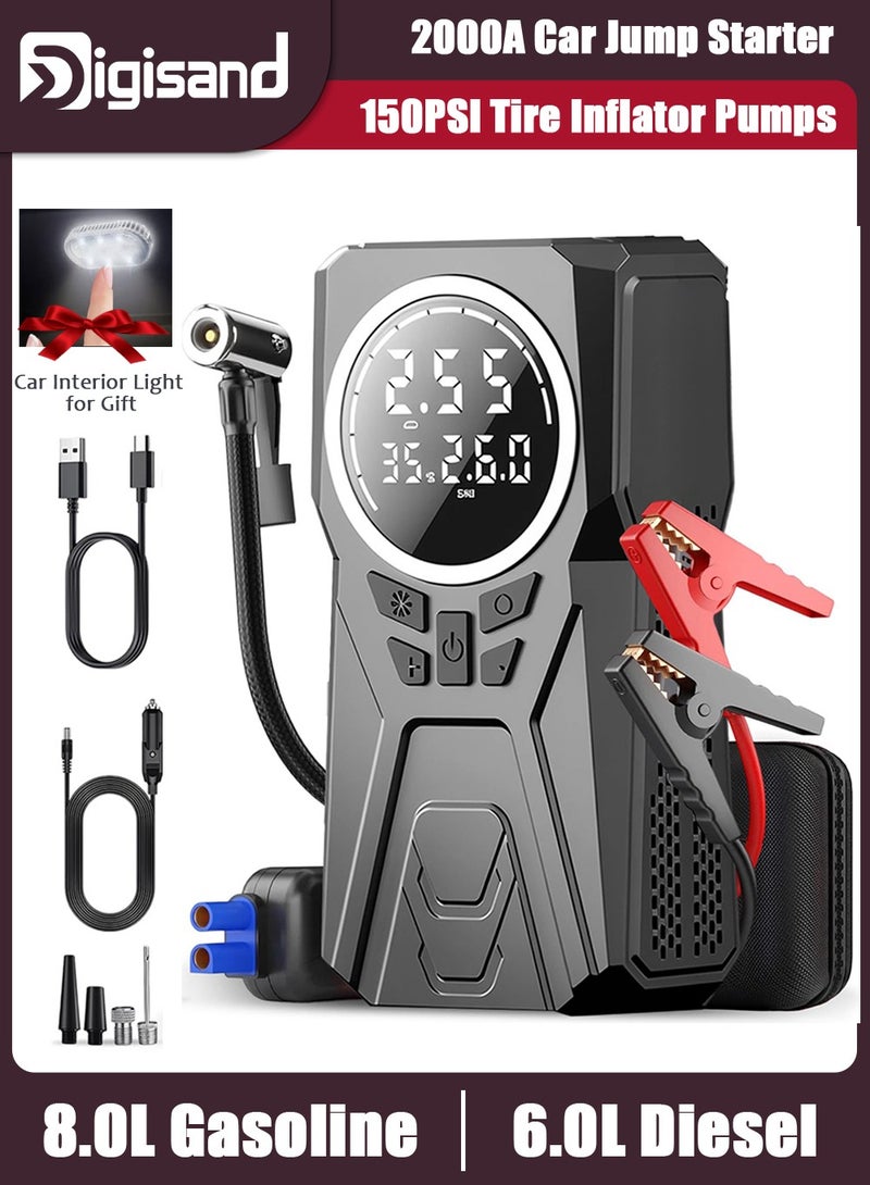 Digisand Car Jump Starter with Air Compressor, 2000A Car Battery Booster 12V Car Emergency Starting Power Supply, 150PSI Tire Inflator Portable Compressor, Portable Jump Box Automatic Smart Car Battery Charger Tire Inflator for Cars, Pickup Trucks, Bicycles and Get a Free Car Interior Light for Gift. - Image 1