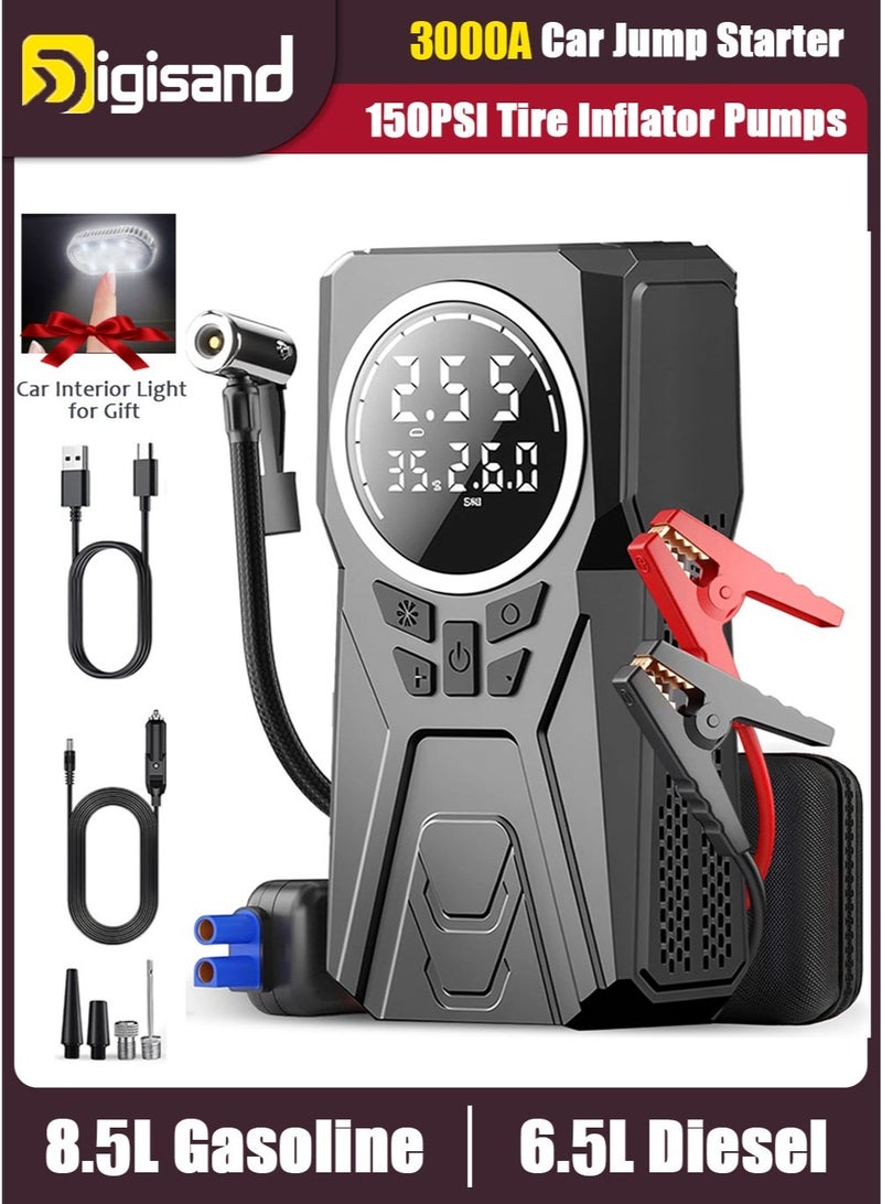 Digisand Car Jump Starter with Air Compressor, 3000A Car Battery Booster 12V Car Emergency Starting Power Supply, 150PSI Tire Inflator Portable Compressor, Portable Jump Box Automatic Smart Car Battery Charger Tire Inflator for Cars, Pickup Trucks, Bicycles and Get a Free Car Interior Light for Gift. - Image 1