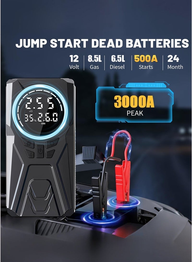 Digisand Car Jump Starter with Air Compressor, 3000A Car Battery Booster 12V Car Emergency Starting Power Supply, 150PSI Tire Inflator Portable Compressor, Portable Jump Box Automatic Smart Car Battery Charger Tire Inflator for Cars, Pickup Trucks, Bicycles and Get a Free Car Interior Light for Gift. - Image 3