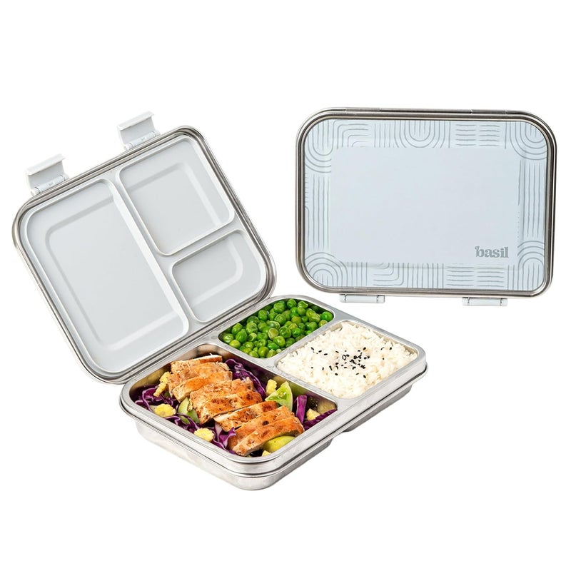 BASIL Bento Neo Classic 2025 – New & Improved, 975 ml 3-Compartment Stainless Steel Lunch Box for Adults, Teens & Kids | Leak-Proof & Easy to Open Tiffin for Office, School, College - Grey - Image 1